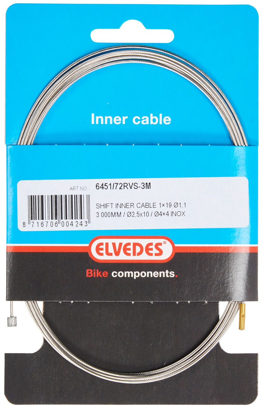 Schakel binnenkabel Elvedes 3000mm 1 x 19 draads RVS ø1,1mm met ø2,5 ×10 en ø4 × 4mm N-nippel - Zilver