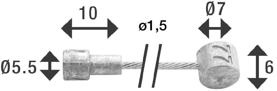 Rem binnenkabel Elvedes 2250mm 7×7 draads RVS ø1,5mm met V-nippel ø5,5 × 10 en T-nippel ø7 × 6mm