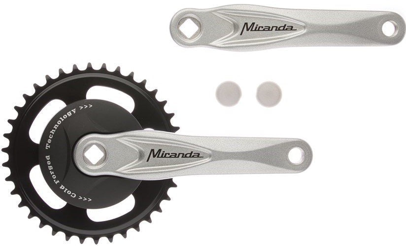 Crankstel 38T Miranda Alfa 1 voor 3/32 ketting met zwarte disc 9.2cm en zilveren crank