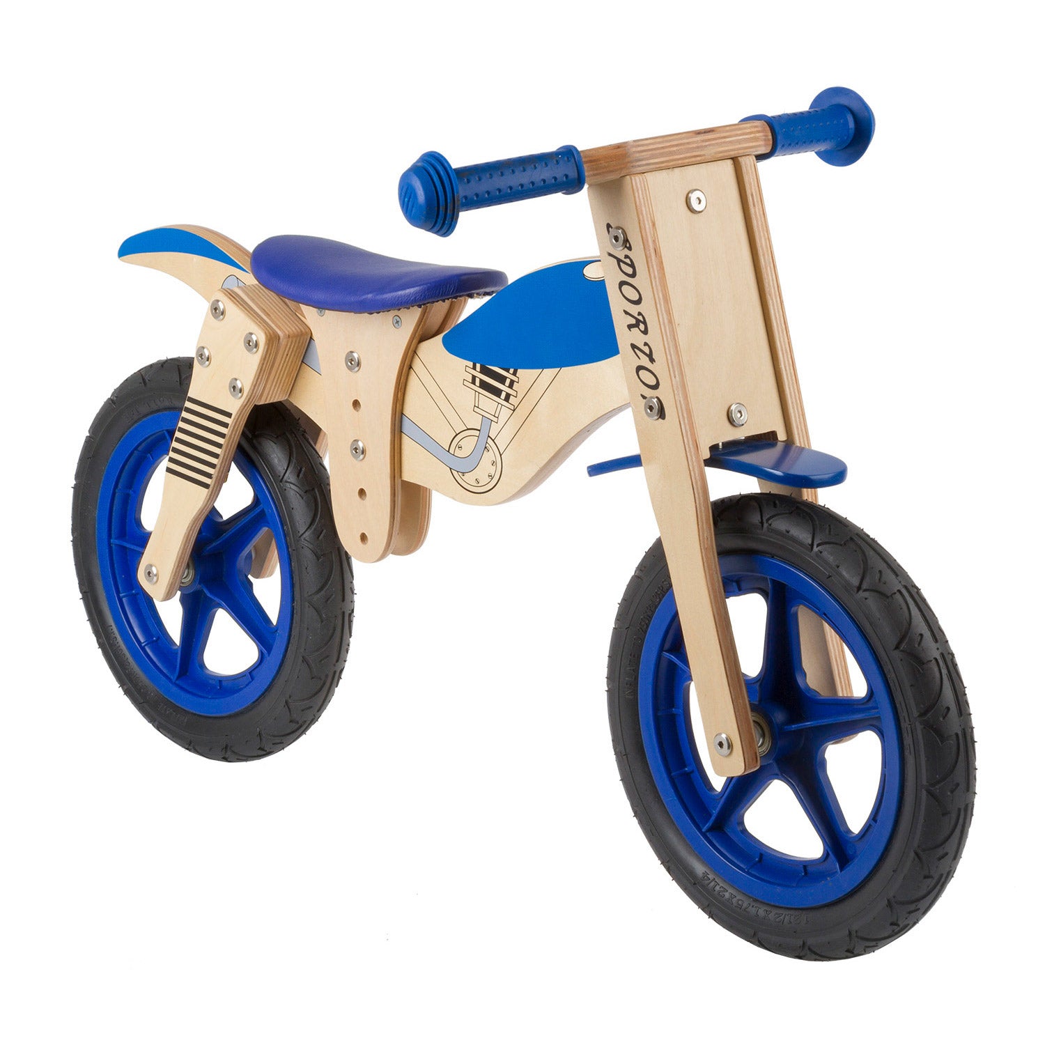 White label loopfiets Motorbike 12" hout blauw