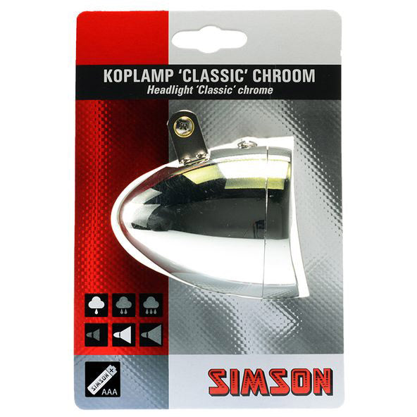 Simson koplamp Classic chroom incl. batterijen op kaart