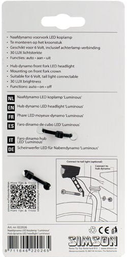 Simson Naafdynamo koplamp 'Luminous', 30 LUX, auto/on/off