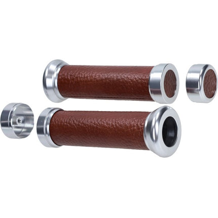 handlebar grip set Power1 retro universal leather brown