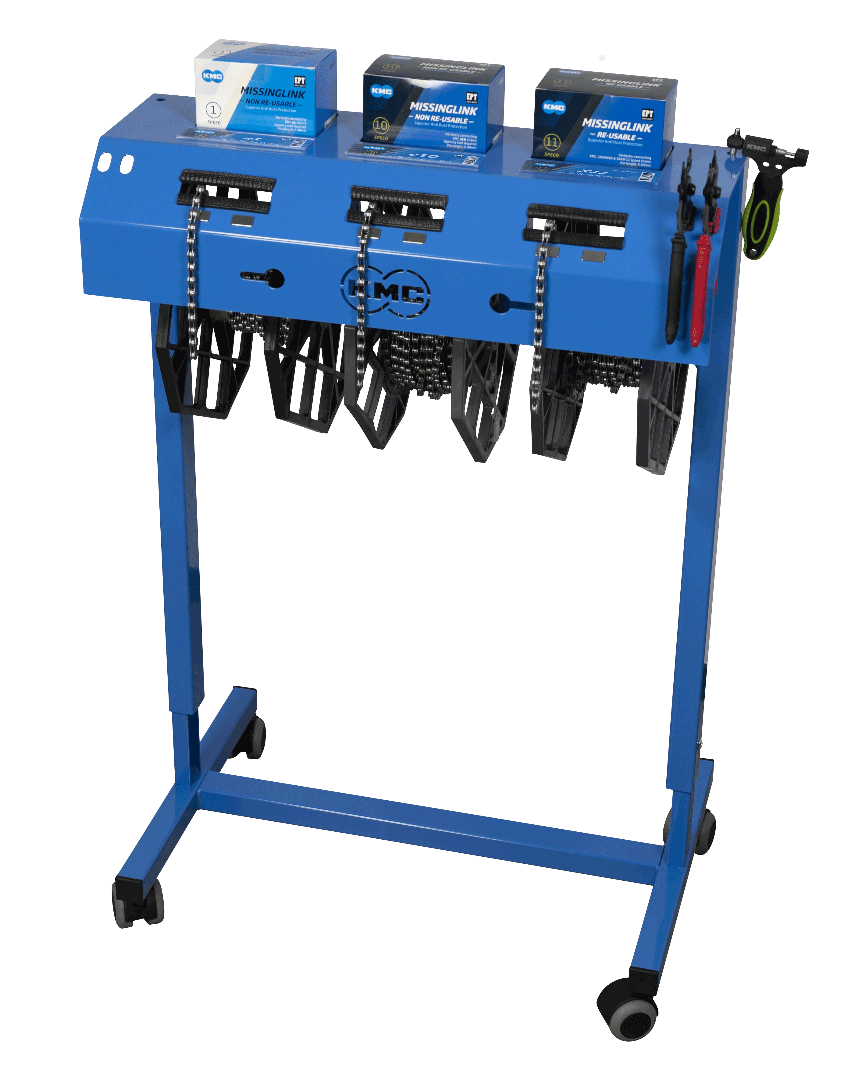 Reel Center Pro KMC Kettingrol houder - Blauw - 3 werkplaats kettingrollen