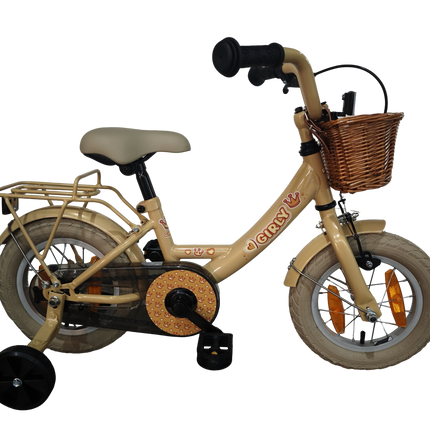 Kinderfiets Bikefun Girly 12 inch - met mandje, zijwieltjes en remnaaf - Goud