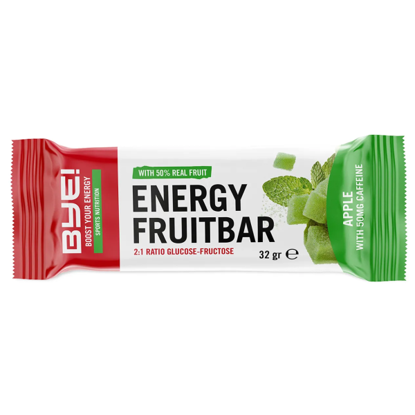 BYE! Energy Fruitbar Appel 32 gram – productverpakking; verkoop per doos van 24 repen