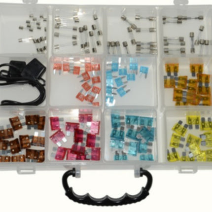 Assortiment de fusibles + supports tube/lame 12 tailles 144 pièces