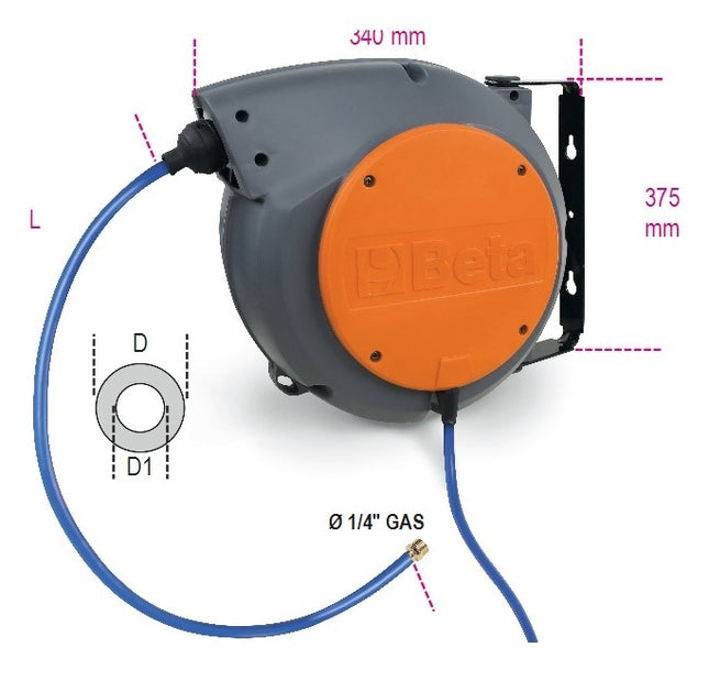 Automatische slanghaspel Beta Tools 9 meter slang perslucht/water