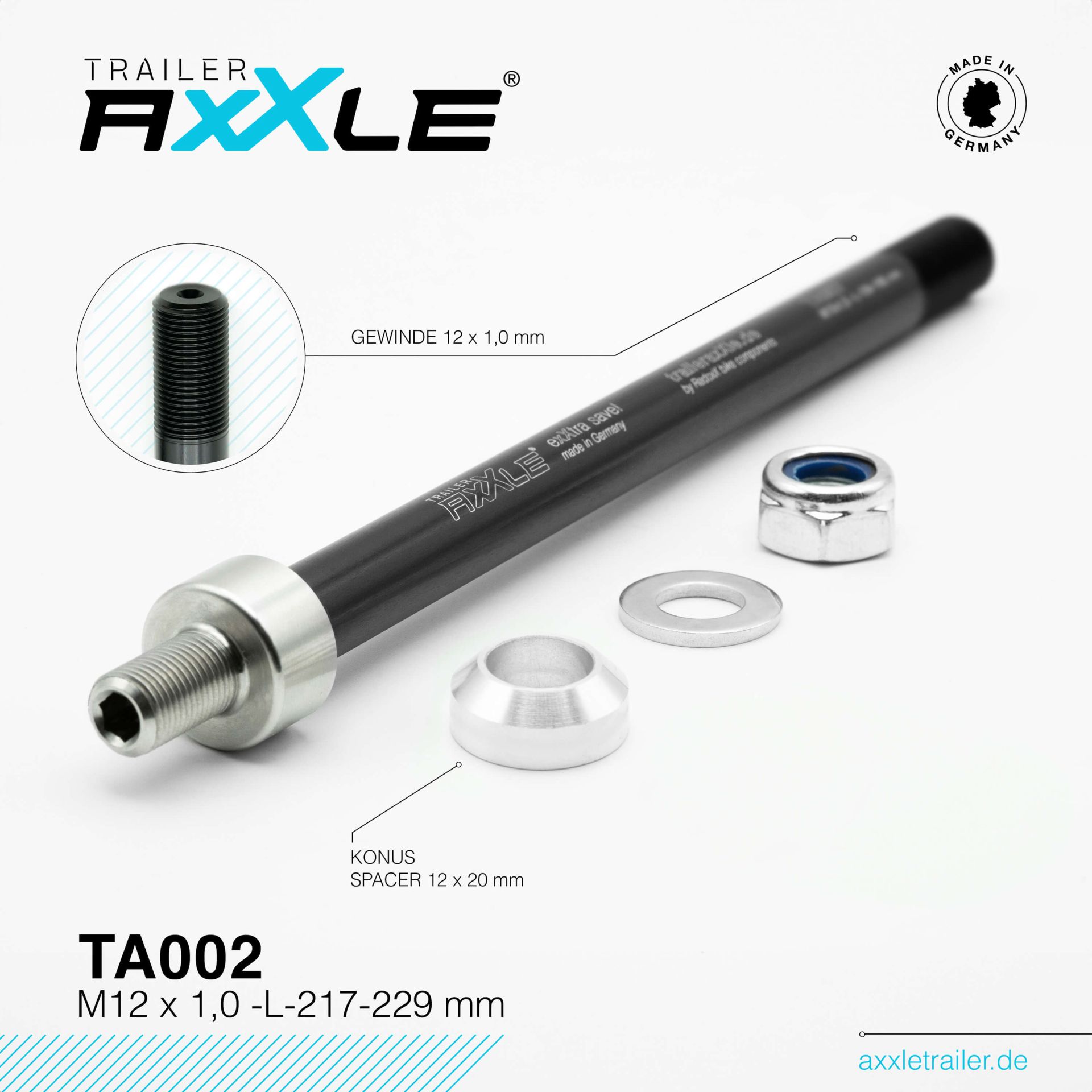 Steekas voor aanhangwagen Radoxx TA002 M12 x 1 lengte 217-229mm