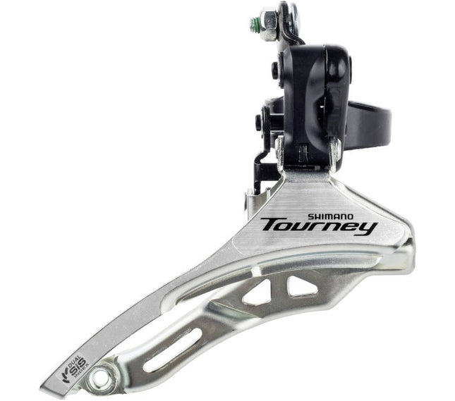 Voorderailleur 3 x 6/7 speed Shimano Tourney FD-TY300 down swing/down pull - hoge klem 28,6 mm - 42T - (66-69°) - Zwart/Zilver