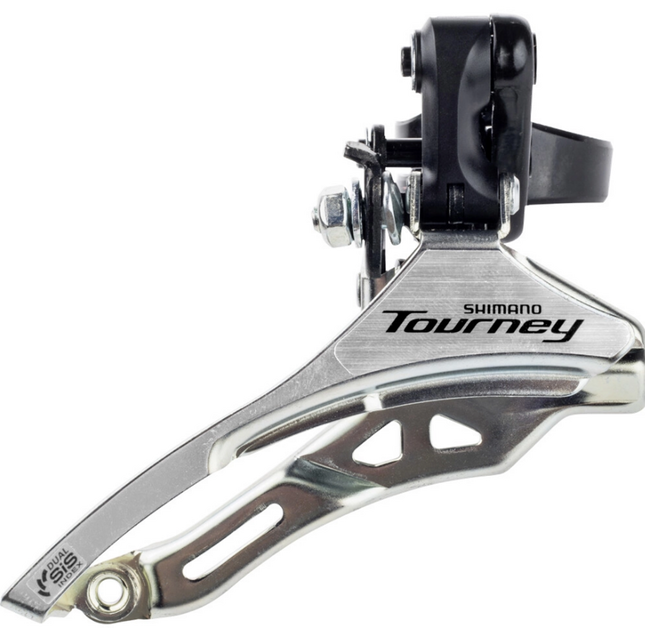 Voorderailleur 3 x 6/7 speed Shimano Tourney FD-TY300 down swing/top pull - hoge klem ø34,9 mm - 42T - (66-69°) - Zwart/Zilver