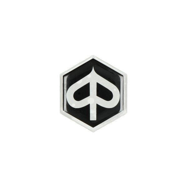 sticker logo voorscherm zeskant 3d zwart/transparant piaggio, zip 2t , zip 4t, zip2000, zip2000sp