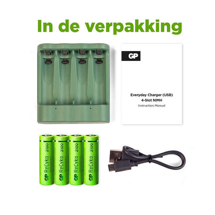 GP USB batterijlader + 4 x AA-batterijen 2100mAh NiMH – productafbeelding 3