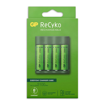 GP USB batterijlader + 4 x AA-batterijen 2100mAh NiMH – productafbeelding 2