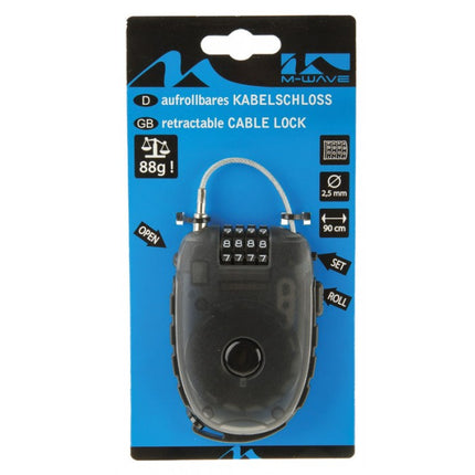 Cadenas à câble rétractable M-Wave Lock 'n Roll - 90 cm x 2,4 mm (sur carte M-wave)