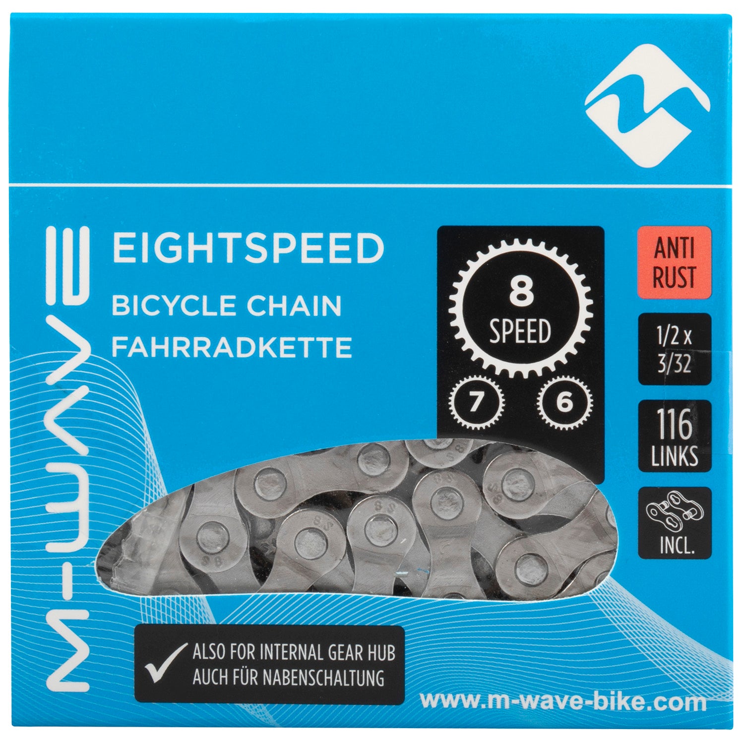 Ketting 8 speed M-Wave 1/2 x 3/32" - 116 links - anti-roest met sluitschakel