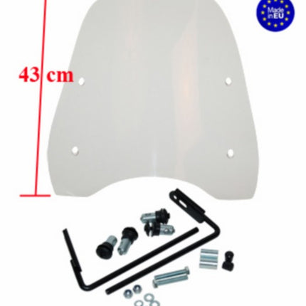 Pare-brise Regia avec kit de fixation haut (fabriqué en UE) 43 cm transparent baotian, BTC Roma, livorno, speedy, v-clic