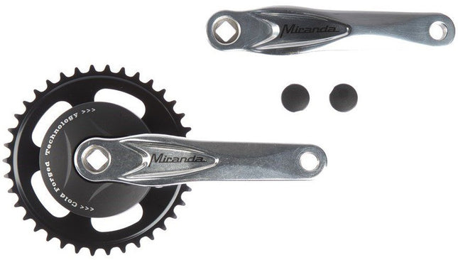 Crankstel 38T Miranda Alfa 1 voor 3/32" ketting - zwarte 9.2cm disc en gepolijste crank