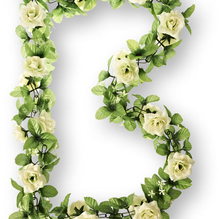 Bloemenguirland Basil met rozen, groene takjes en gipskruid - wit