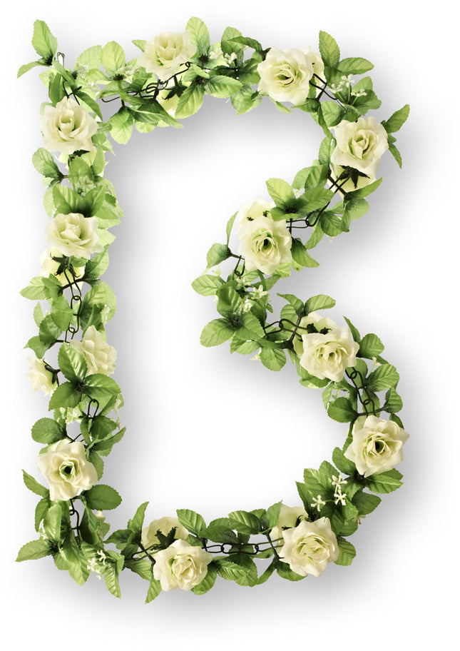 Bloemenguirland Basil met rozen, groene takjes en gipskruid - wit