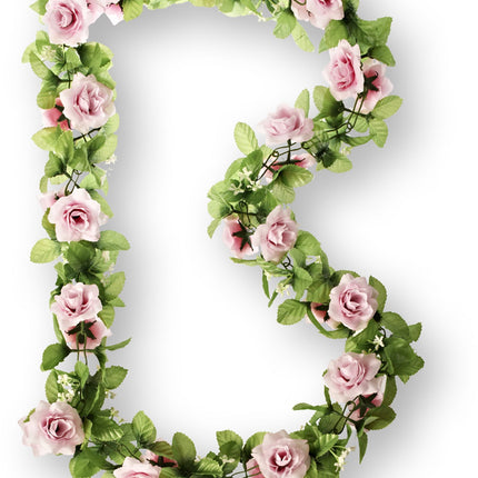 Bloemenstreng Basil met rozen, groene takjes en gipskruid - roze