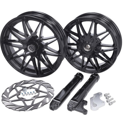wielset Fast Arrow Pro 11 en 12 inch wiel + oversized remschijfset zwart glans piaggio, zip2000, zip 2t , zip 4t