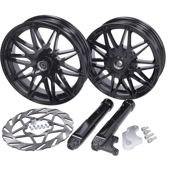 wielset Fast Arrow Pro 11 en 12 inch wiel + oversized remschijfset zwart glans piaggio, zip2000, zip 2t , zip 4t