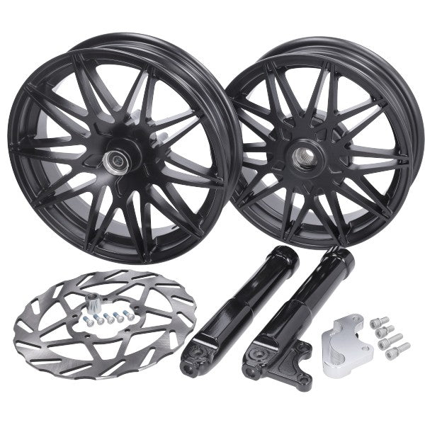 wielset Fast Arrow Pro 11 en 12 inch wiel + oversized remschijfset zwart mat piaggio, zip2000, zip 2t , zip 4t