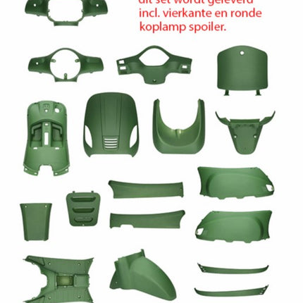 plaatwerkset (ronde+vierkante koplamp) groen leger mat 18-delig agm VX50s, china lx/napoli, riva, vx50
