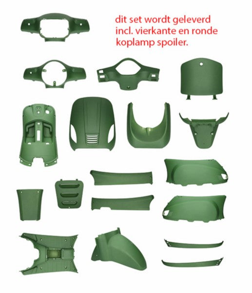 plaatwerkset (ronde+vierkante koplamp) groen leger mat 18-delig agm VX50s, china lx/napoli, riva, vx50