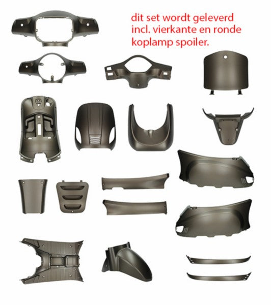 plaatwerkset (ronde+vierkante koplamp) mat bruin titanium 18-delig agm VX50s, china lx/napoli, vx50