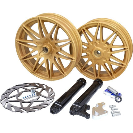 wheelset Fast Arrow Pro 11 and 12 inch wheel + oversized brake disc set gold piaggio, zip 2t , zip 4t, zip2000