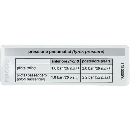 sticker Piaggio origineel bandenspanning primavera, sprint 1g000151