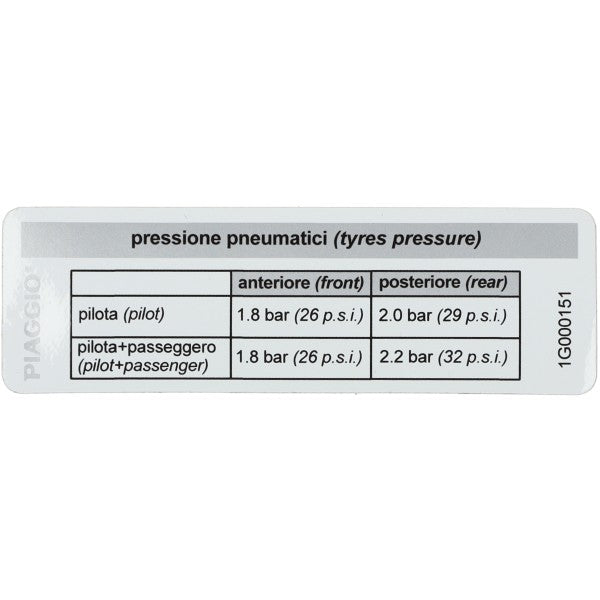 sticker Piaggio origineel bandenspanning primavera, sprint 1g000151