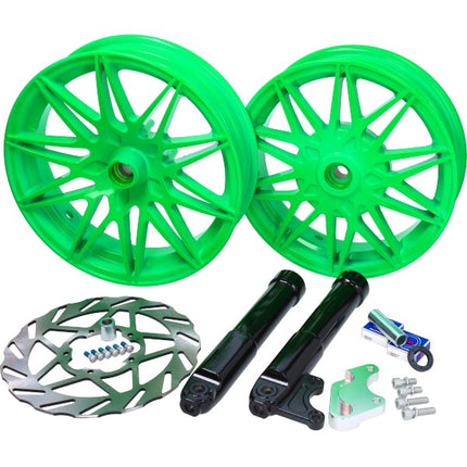 Jeu de roues Fast Arrow Pro 11 et 12 pouces + kit de disques de frein surdimensionnés vert Piaggio, Zip 2T, Zip 4T, Zip 2000