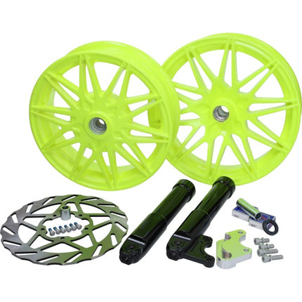 wheelset Fast Arrow Pro 11 and 12 inch wheel + oversized brake disc set neon yellow Piaggio, Zip 2T, Zip 4T, Zip 2000