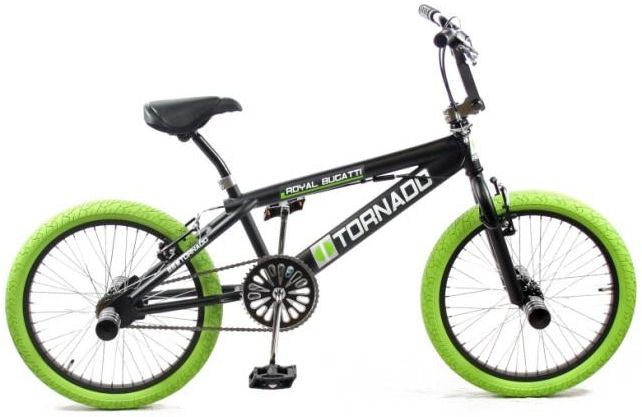 BMX Fiets Royal-Bugatti Tornado Freestyle 20 inch - Mat Zwart met Groene banden