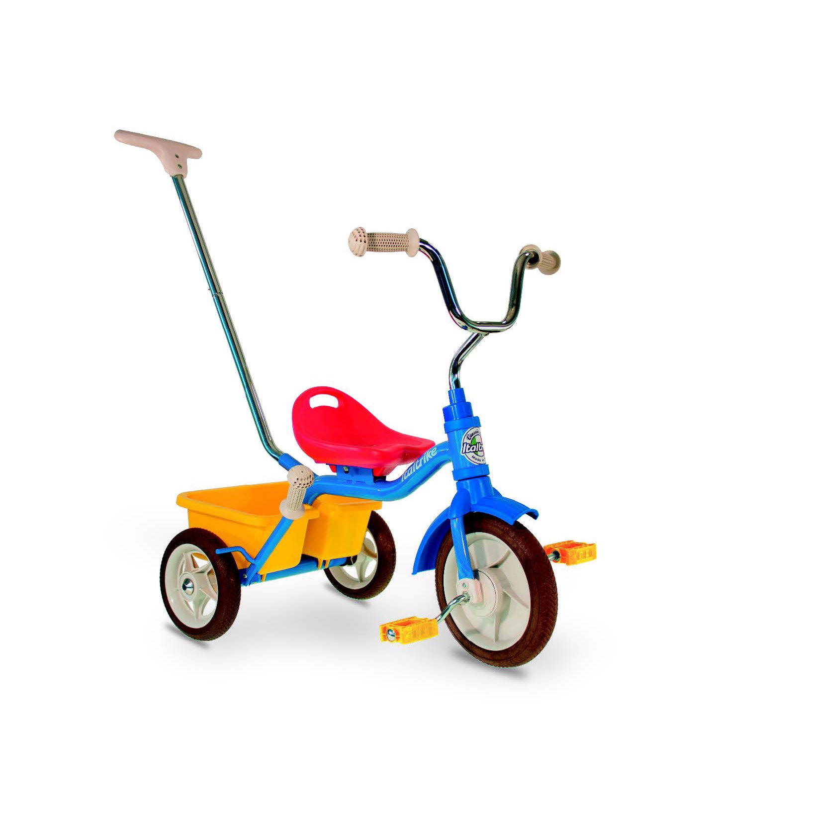 Driewieler Italtrike blauw +  bakje geel +duwstang 10"