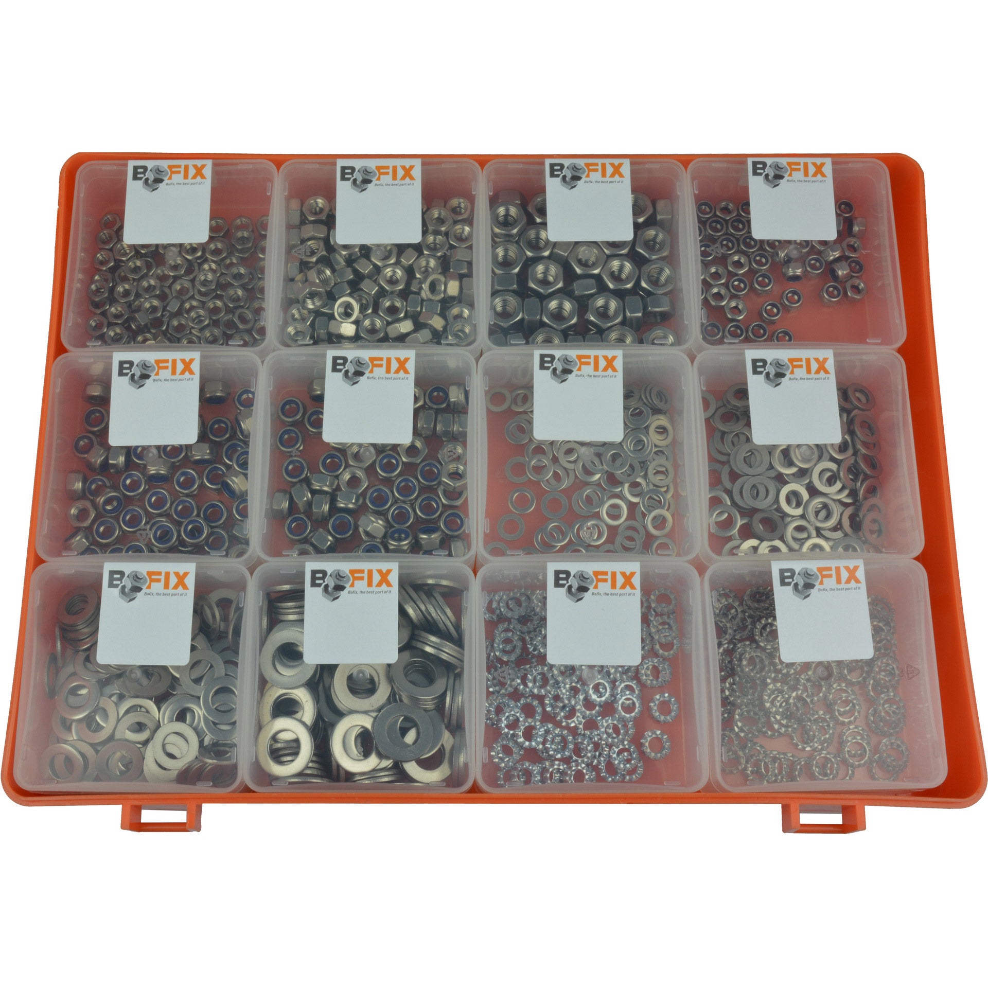 Bofix assortimentsdoos 12 vaks ringen en moeren RVS