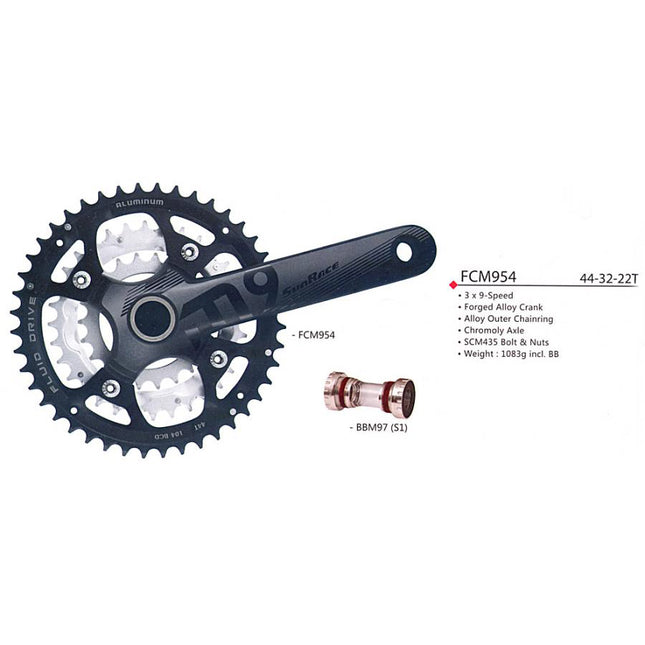SunRace crankstel FCM954 22-32-44 175mm m/CG+BB-set