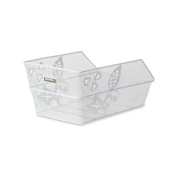 Basil Cento Flower bicycle basket, fine mesh, white, with a rack-mounted frame.