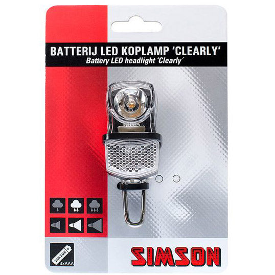 Simson voorvorkkoplamp Clearly LED zwart incl. bat. op kaart