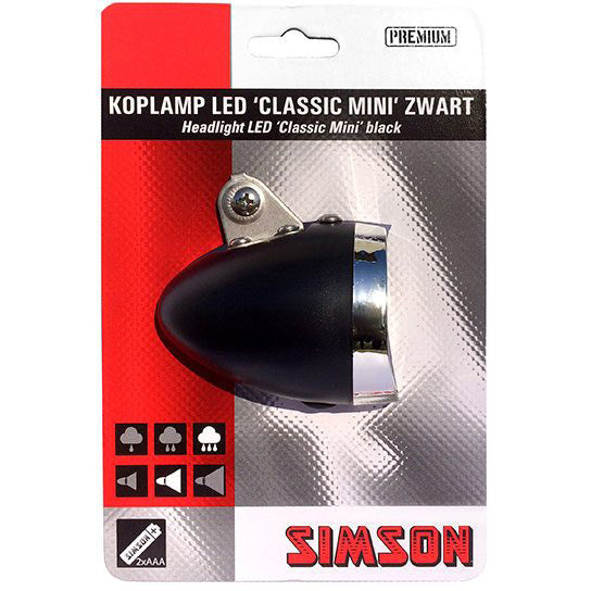 Simson koplamp Classic Mini voorvork zwart incl. batt.