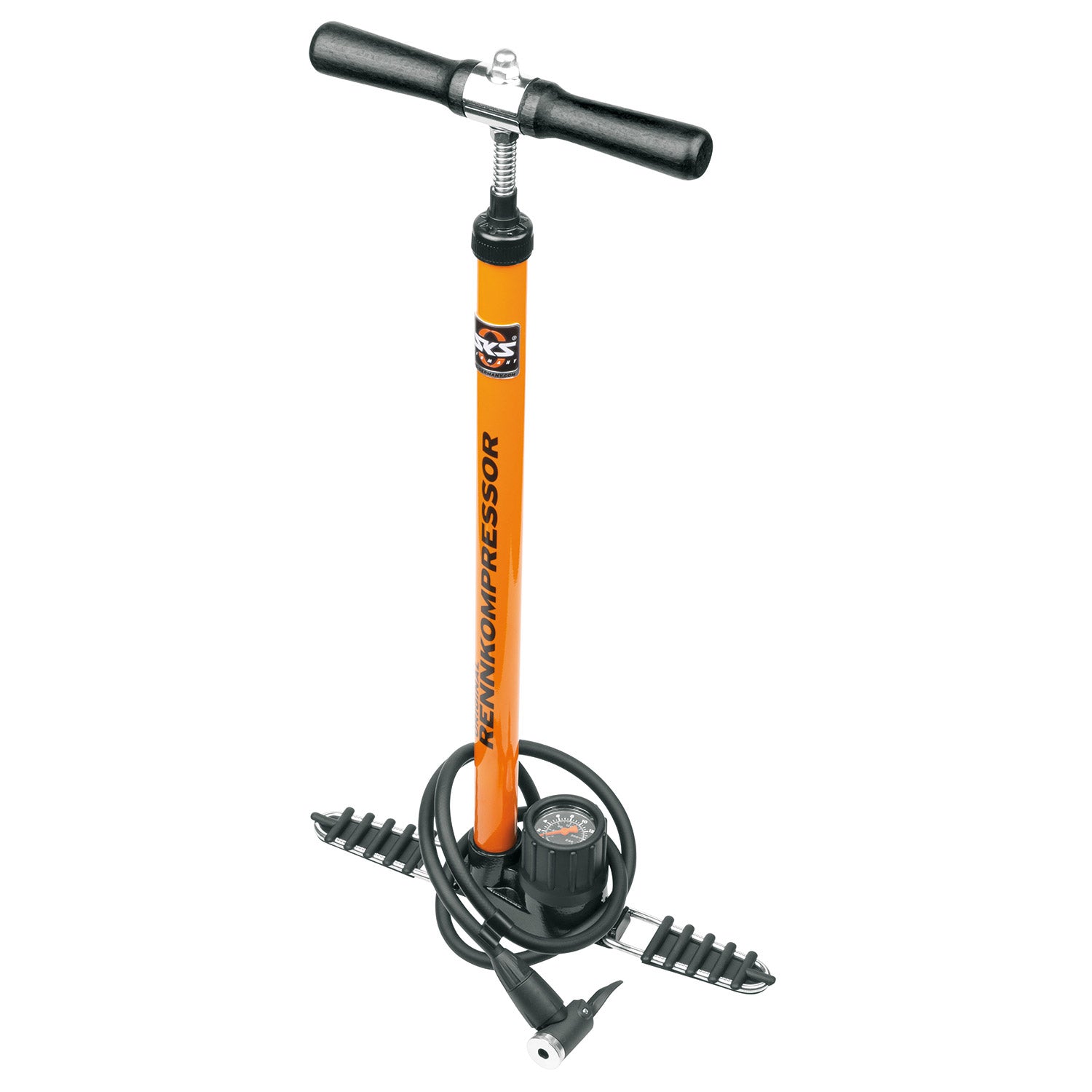 SKS vloerpomp Rennkompressor multivalve 16bar zw/oranje