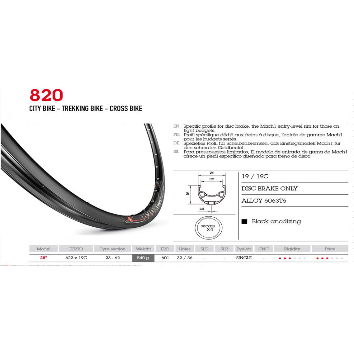 Velox velg 28" Mach-1 M820 disc 32g zwart