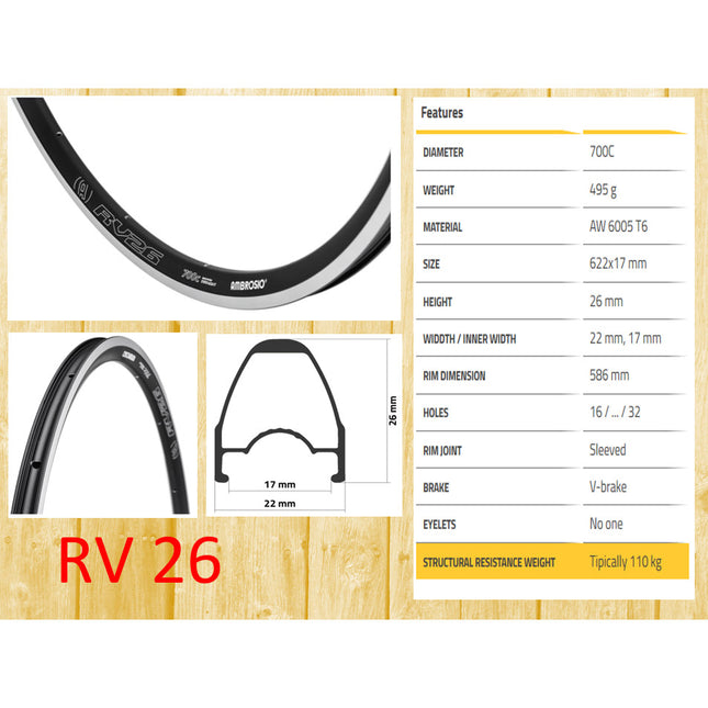 Ambrosio velg RV26 28" 28g zwart