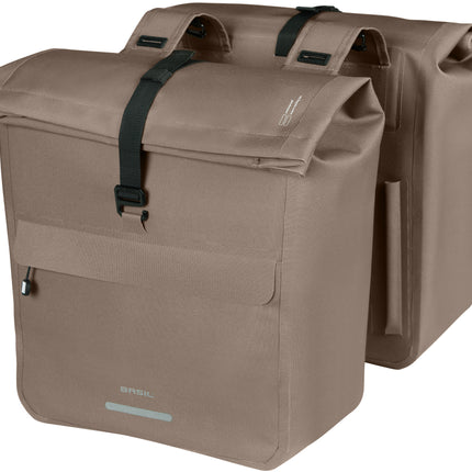 Basil Urban Dry Neo dubbele fietstas sage brown, schuin vooraanzicht