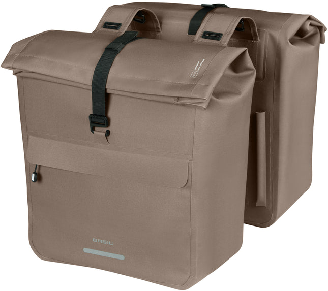 Basil Urban Dry Neo dubbele fietstas sage brown, schuin vooraanzicht
