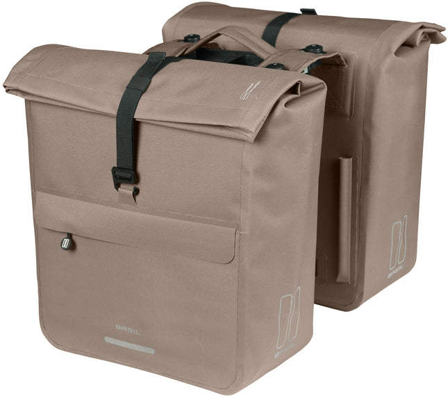 Basil Urban Dry Neo dubbele fietstas sage brown, schuin vooraanzicht