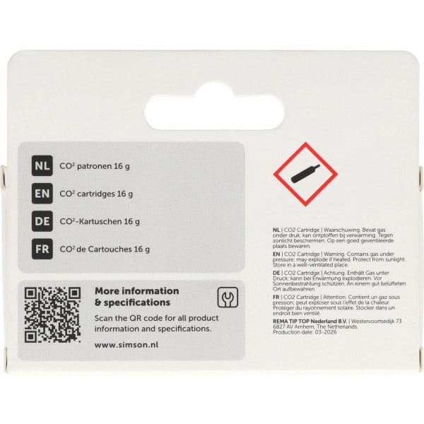 Simson CO₂-patronen 16 gram, set van 2 - achterzijde verpakking
